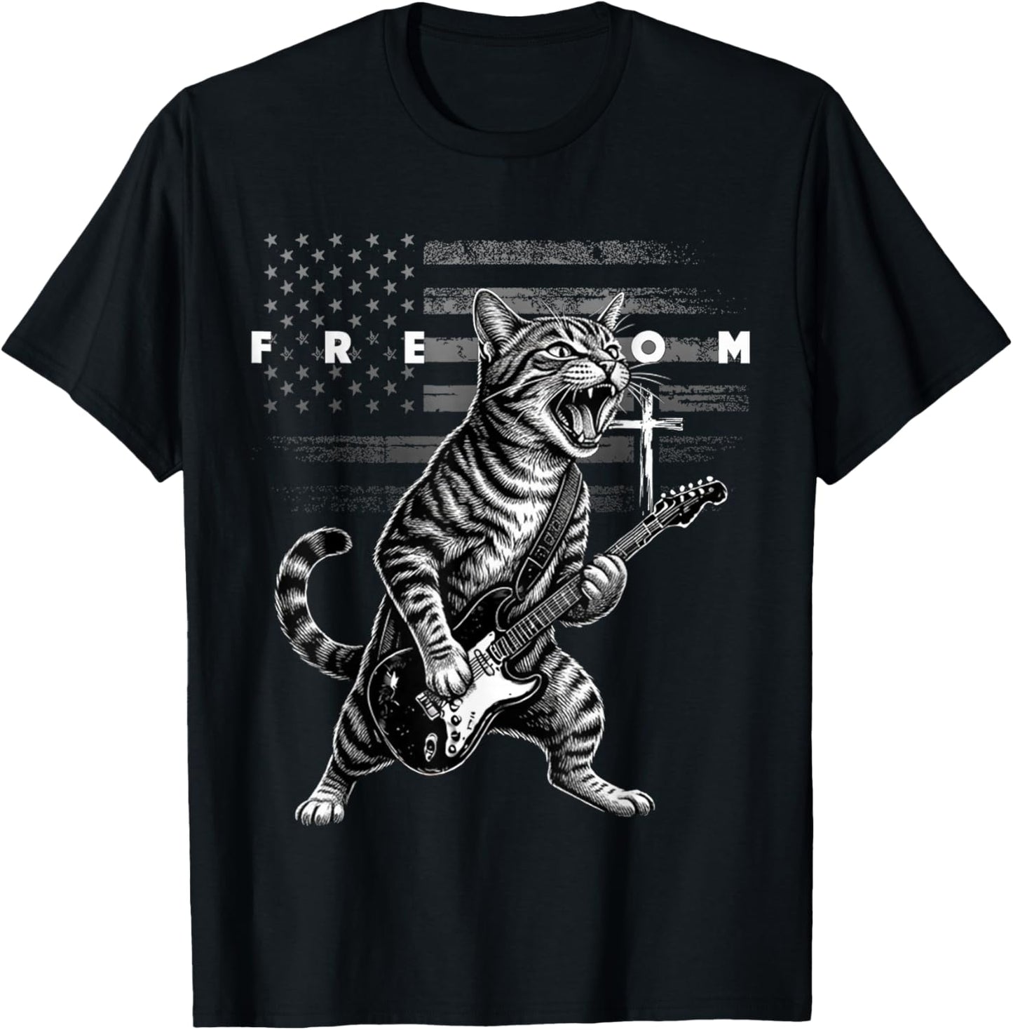 Freedom Cross USA Flag Funny Cat Playing Guitar T-Shirt - T-Shirt | Black