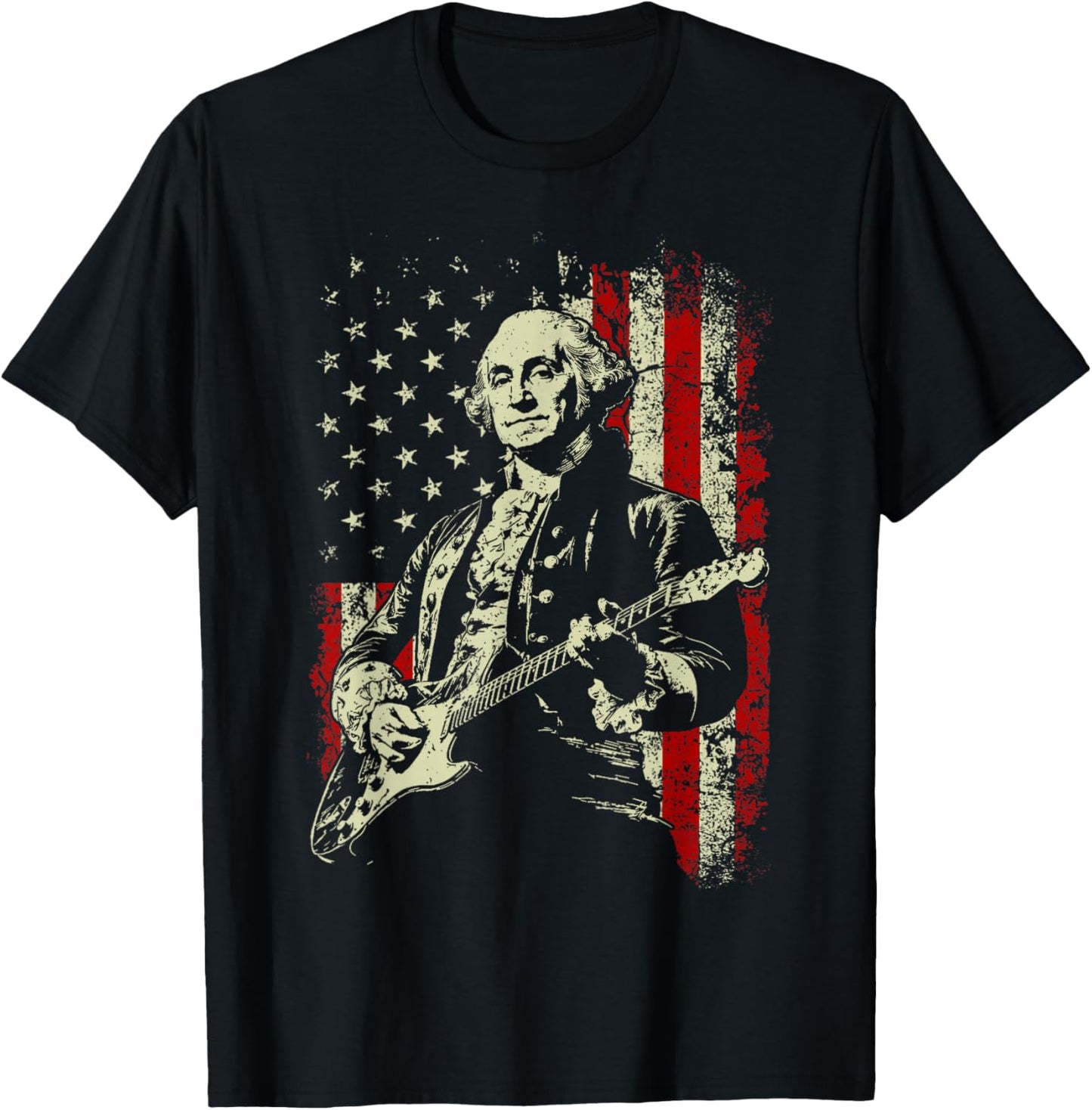 George Washington Playing Guitar Rock and Roll American Flag T-Shirt - T-Shirt | Black