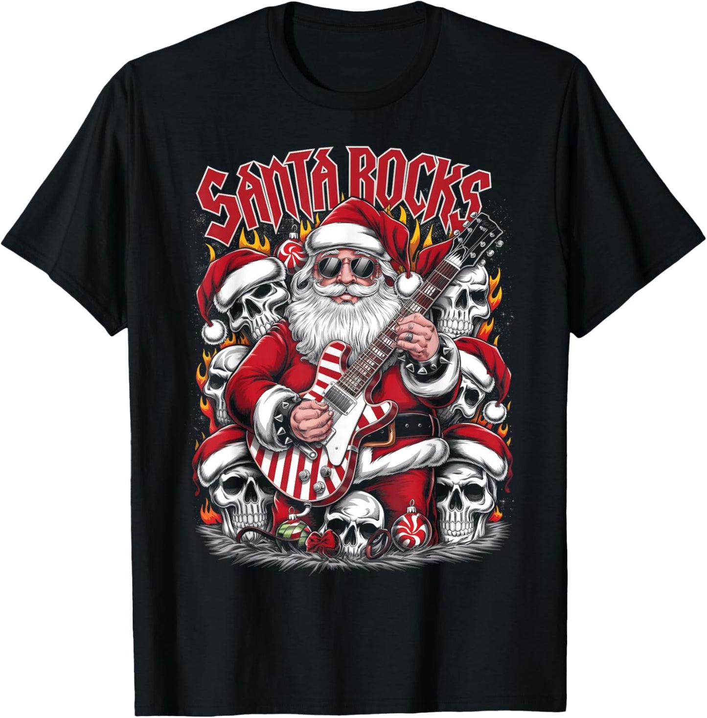Christmas Rocker Metalhead Guitarist Santa Rocks T-Shirt - T-Shirt | Black