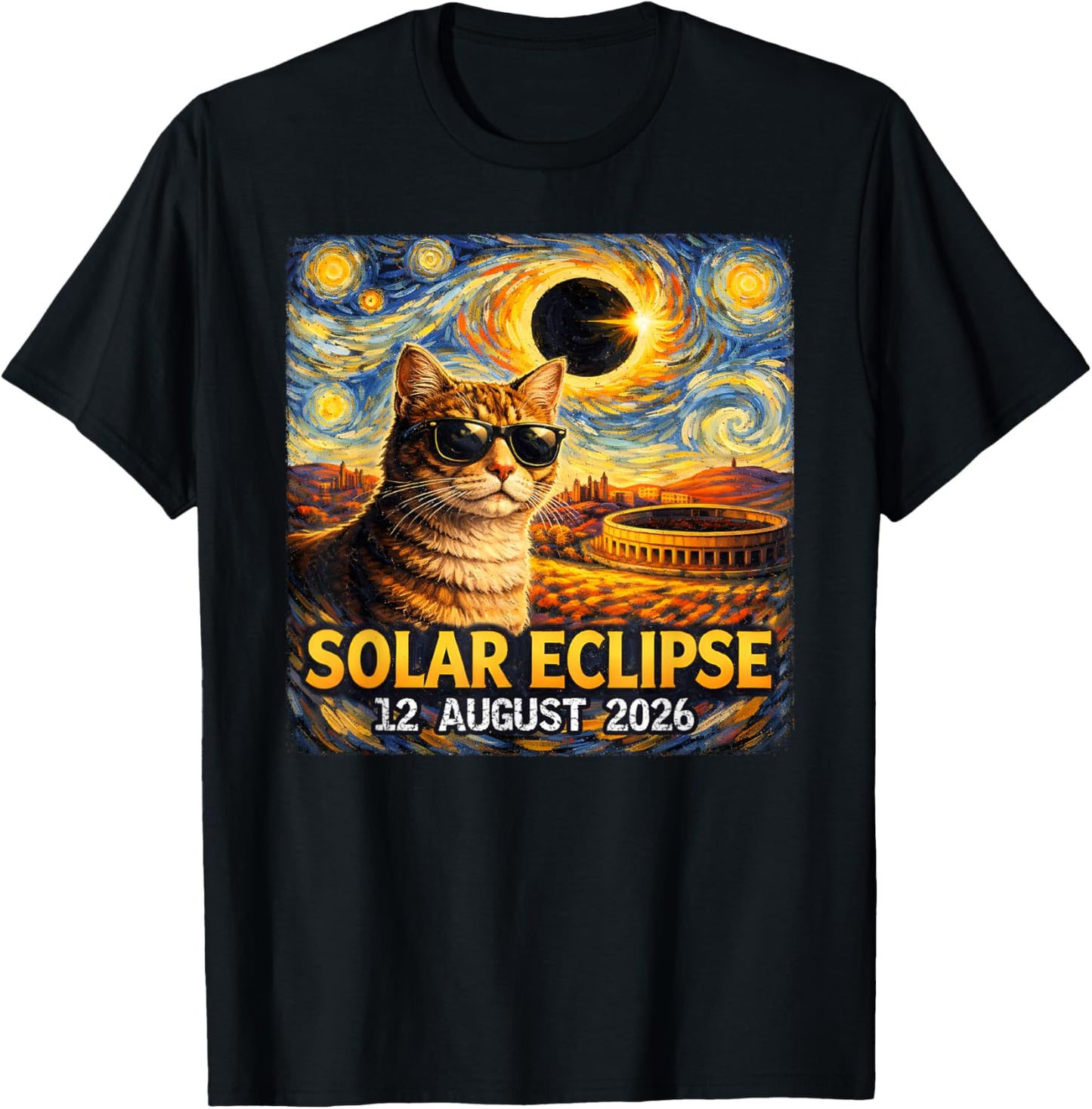 Total Solar Eclipse August 12, 2026 Funny Cat Starry Night T-Shirt - T-Shirt | Black