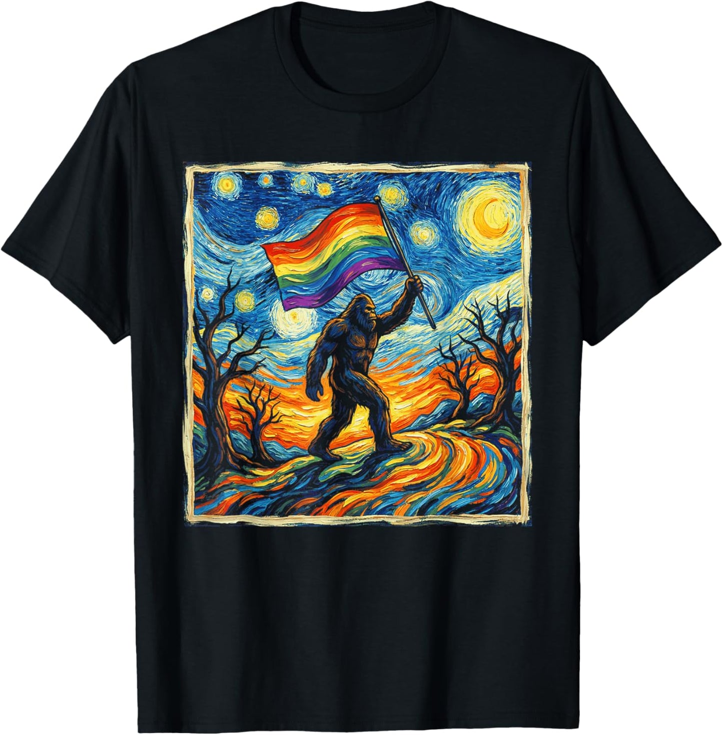 Bigfoot Starry Night Sasquatch Gay Pride LGBT Support T-Shirt - T-Shirt | Black