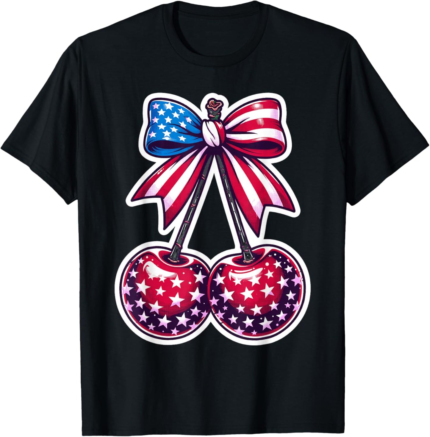 Patriotic Cherry Bow USA Flag Cherries 4th of July T-Shirt - T-Shirt | Black