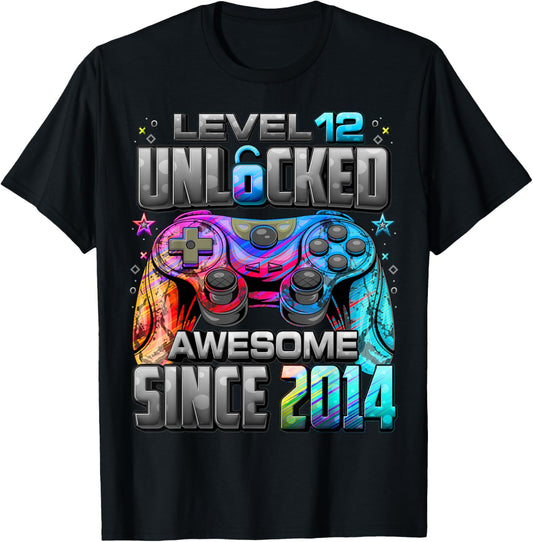 Level 12 Unlocked Awesome Since 2014 12th Birthday Gaming T-Shirt - T-Shirt | Black