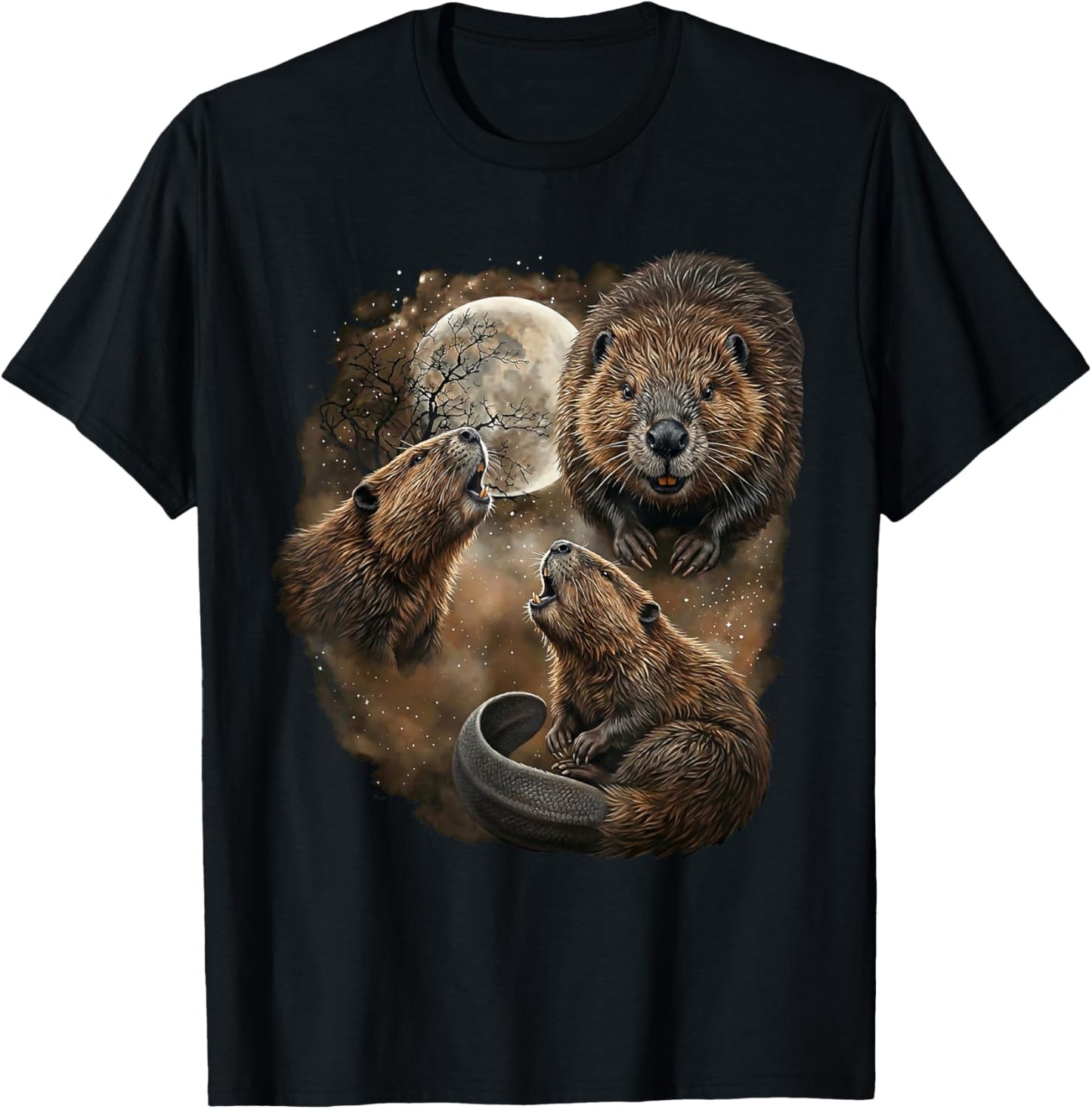 Beaver Howling Moon Design Funny Animal Beaver Meme T-Shirt - T-Shirt | Black