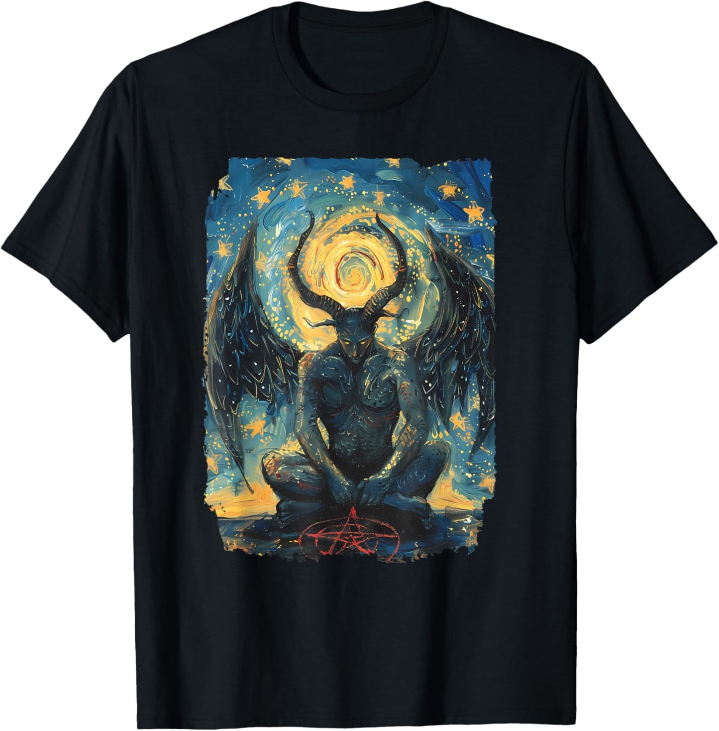 Occult Baphomet Starry Nights Goat Pentagram T-Shirt - T-Shirt | Black