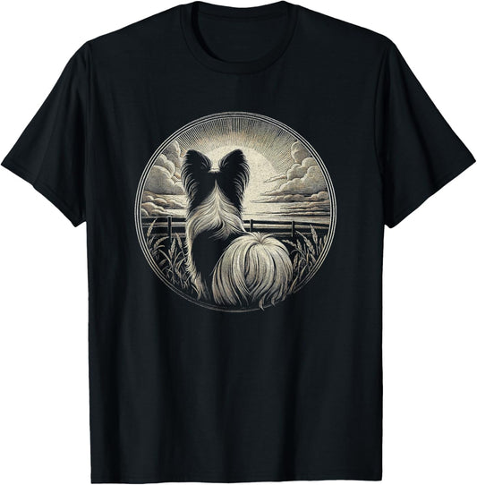 Vintage Papillon Dog Nature Scene Graphic Art Design T-Shirt - T-Shirt | Black
