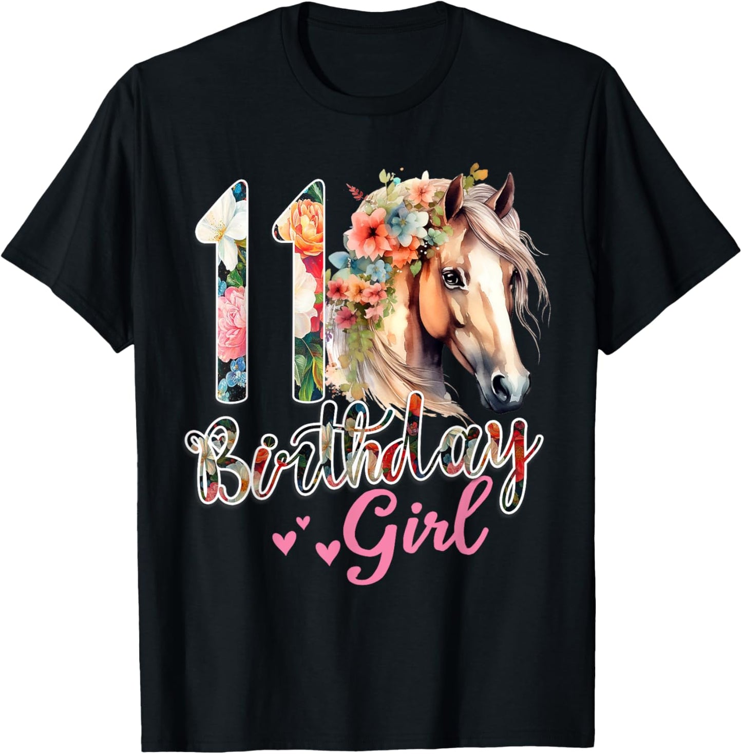 11th Birthday Horse 11 Years Old Birthday Girl T-Shirt - T-Shirt | Black