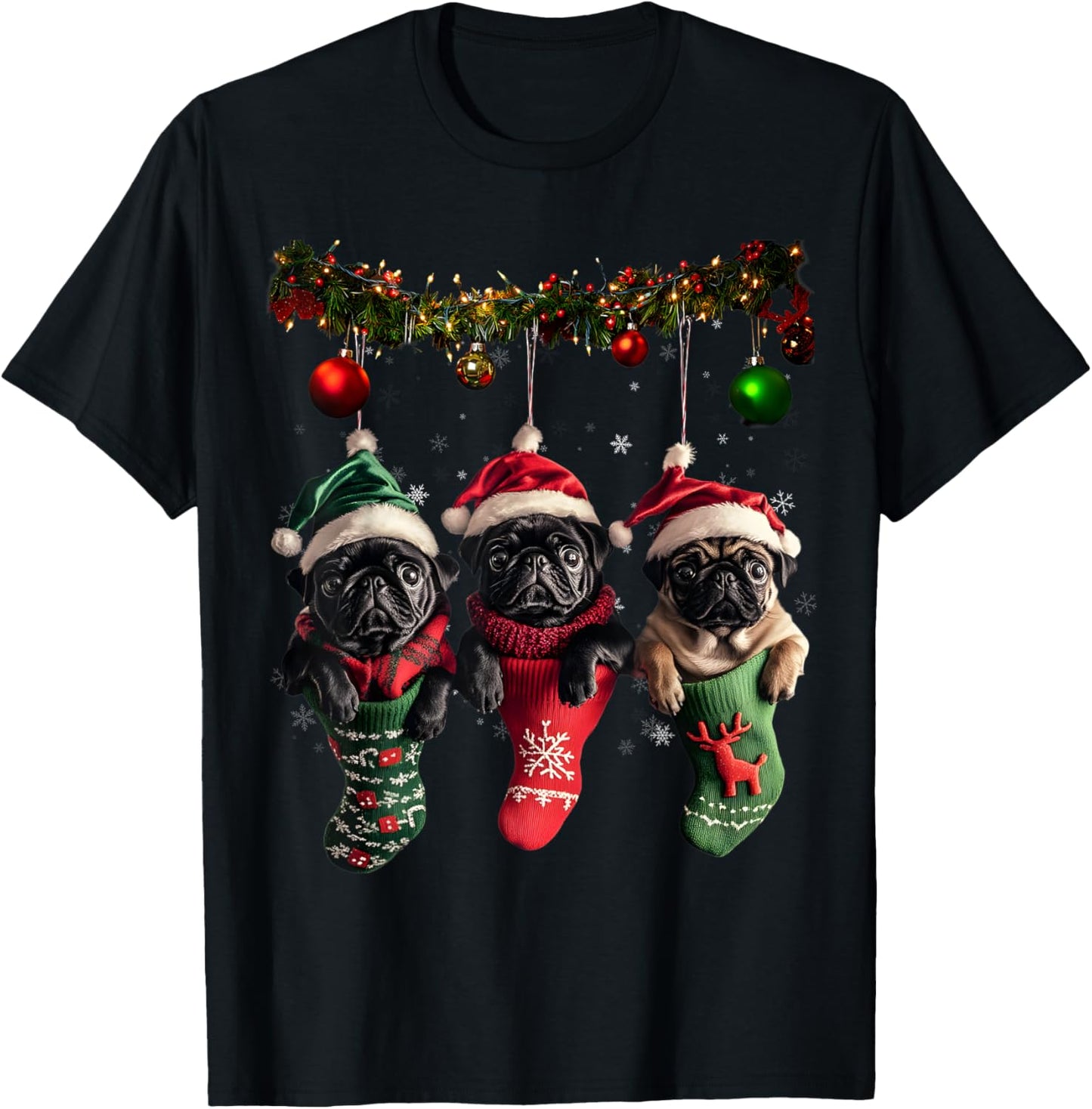 Black Pug Christmas Lights Funny Xmas Dog Lover T-Shirt - T-Shirt | Black