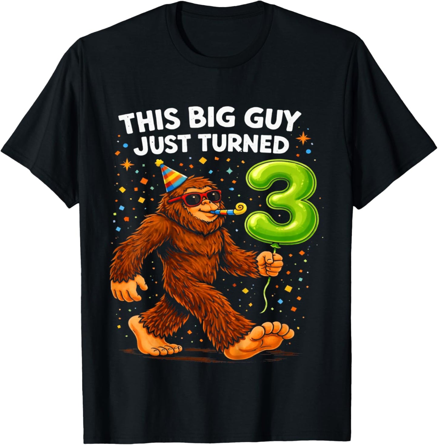 Kids Bigfoot Three 3rd Birthday Sasquatch 3 Year Old Birthday Boy T-Shirt - T-Shirt | Black