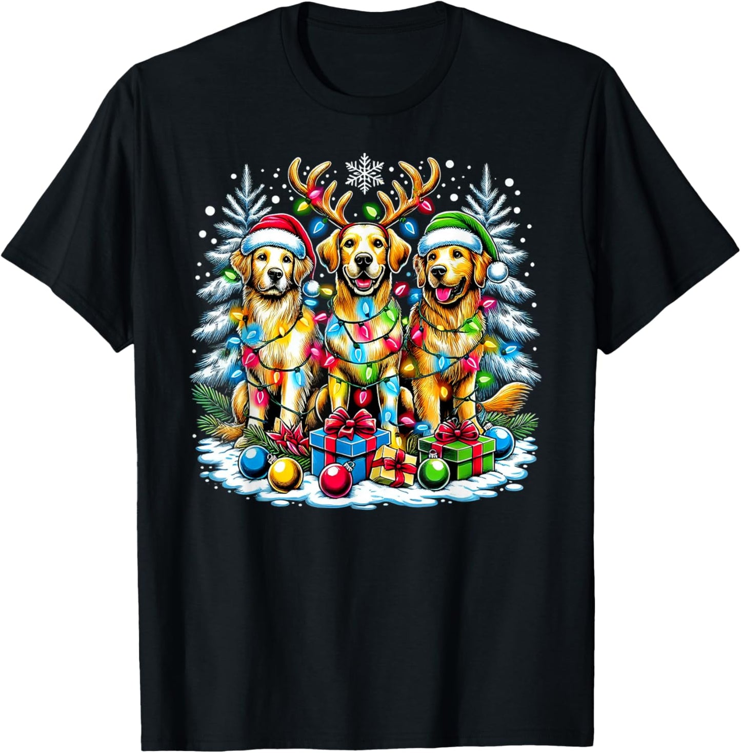 Golden Retriever Funny Christmas Dogs Santa Claus Hat Xmas T-Shirt - T-Shirt | Black