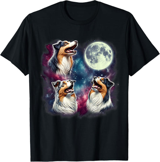 Three Australian Shepherds Howling at Moon Funny Weird Meme T-Shirt - T-Shirt | Black