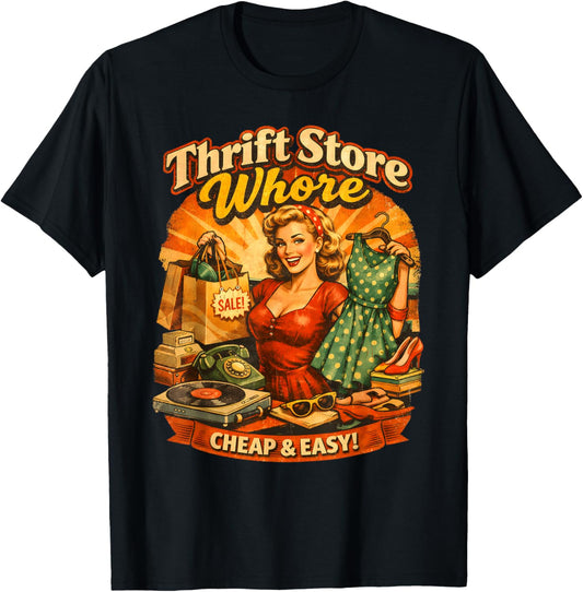 Thrift Store Whore Retro Smiling Shopping Vintage T-Shirt - T-Shirt | Black