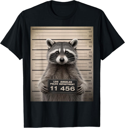 Raccoon Mugshot Prison Jail Funny Racoon Gifts Men Women Kid T-Shirt - T-Shirt | Black