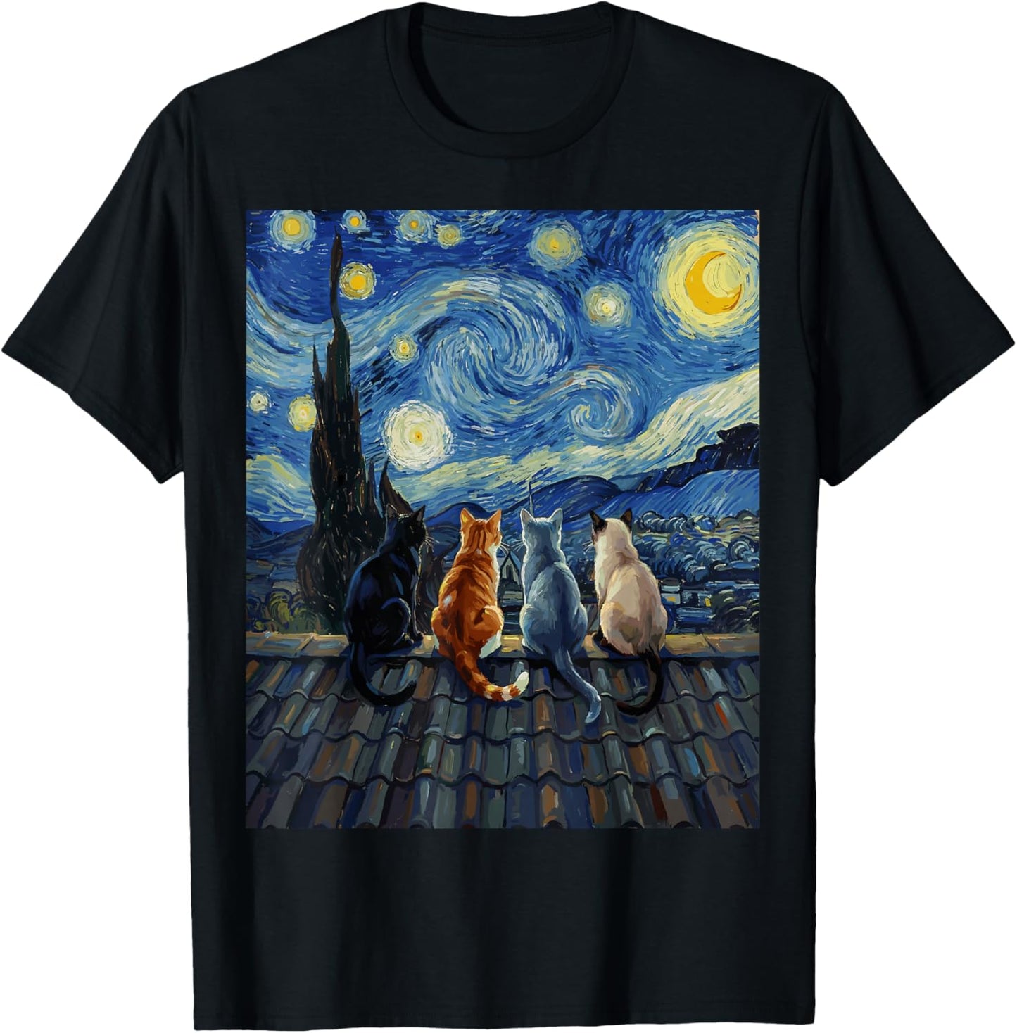 Cat Starry Night Van Gogh Funny T-Shirt - T-Shirt | Black