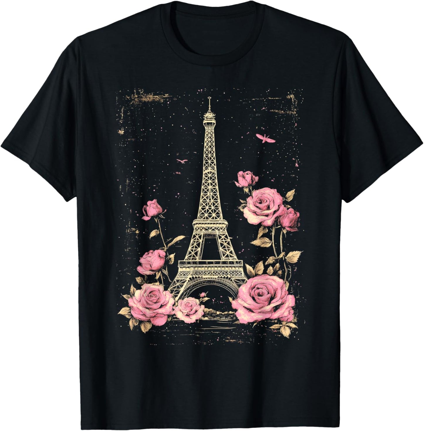 Vintage Paris Eiffel Tower Witn Pink Roses Floral T-Shirt - T-Shirt | Black