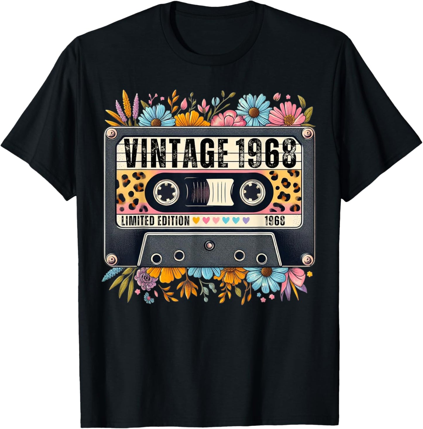 Vintage 1968 Birthday Cassette Tape Floral Women Mom Grandma T-Shirt - T-Shirt | Black
