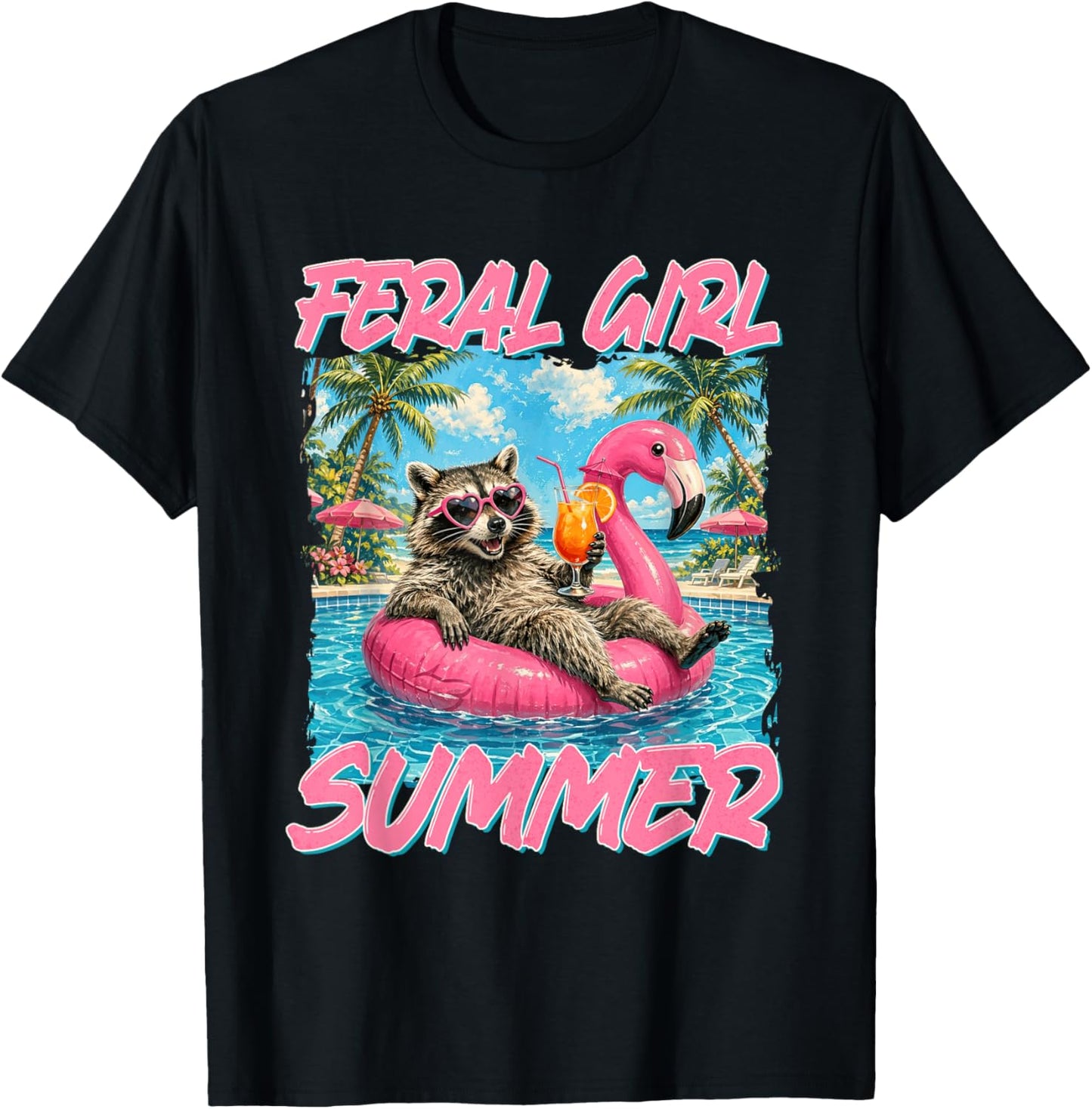Feral Girl Summer Vibes Raccoon Beach Vacation Girls Trip T-Shirt - T-Shirt | Black