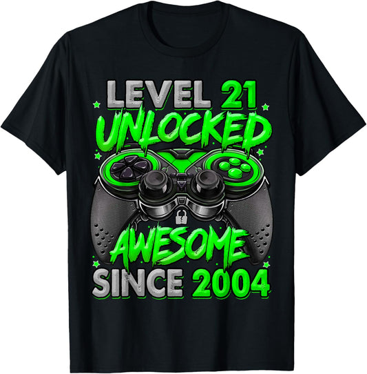 Level 21 Unlocked Awesome Since 2004 21st Birthday Gaming T-Shirt - T-Shirt | Black