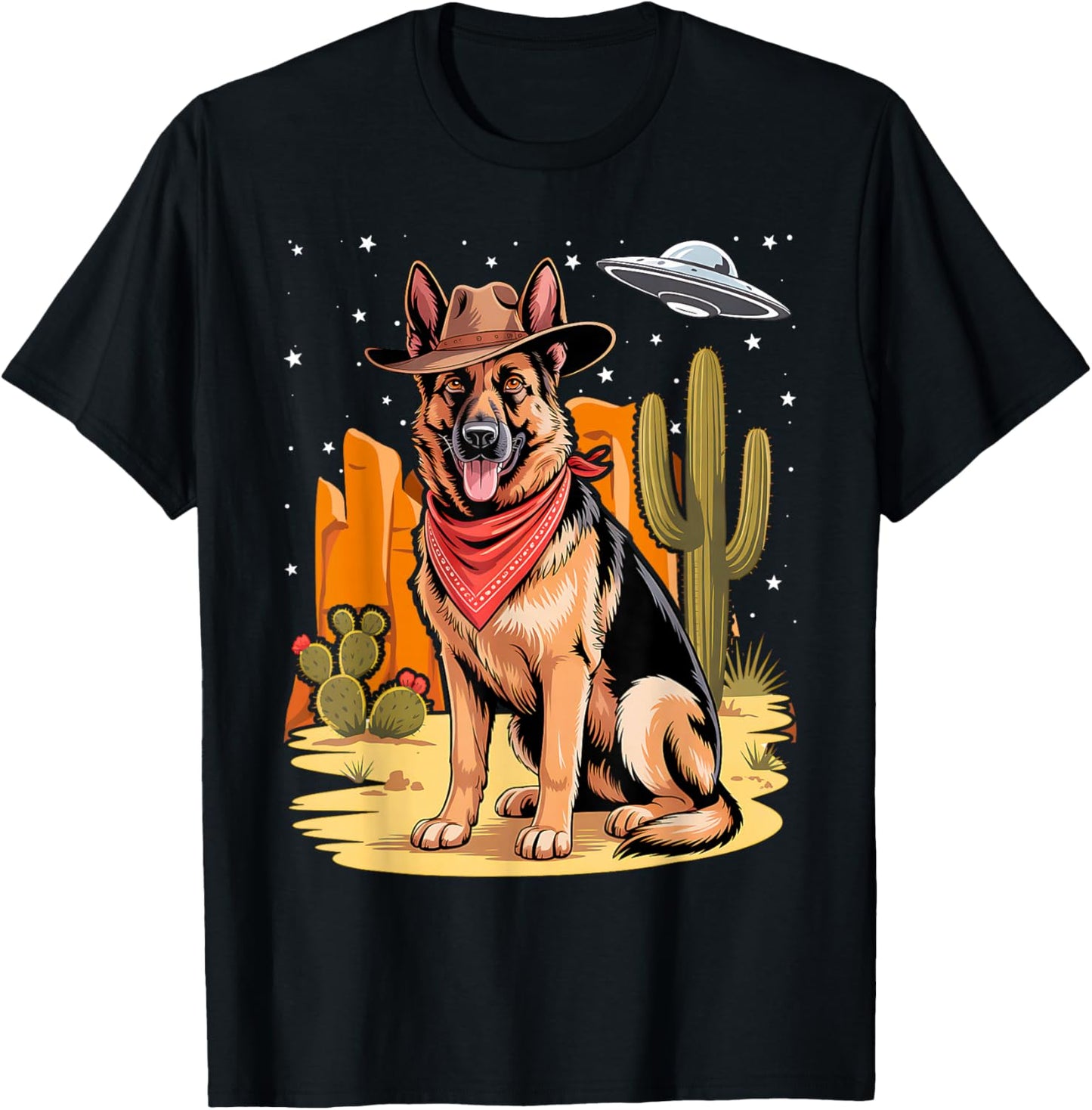 Western German Shepherd UFO Dog Alien Cowboy GSD Ranch T-Shirt - T-Shirt | Black