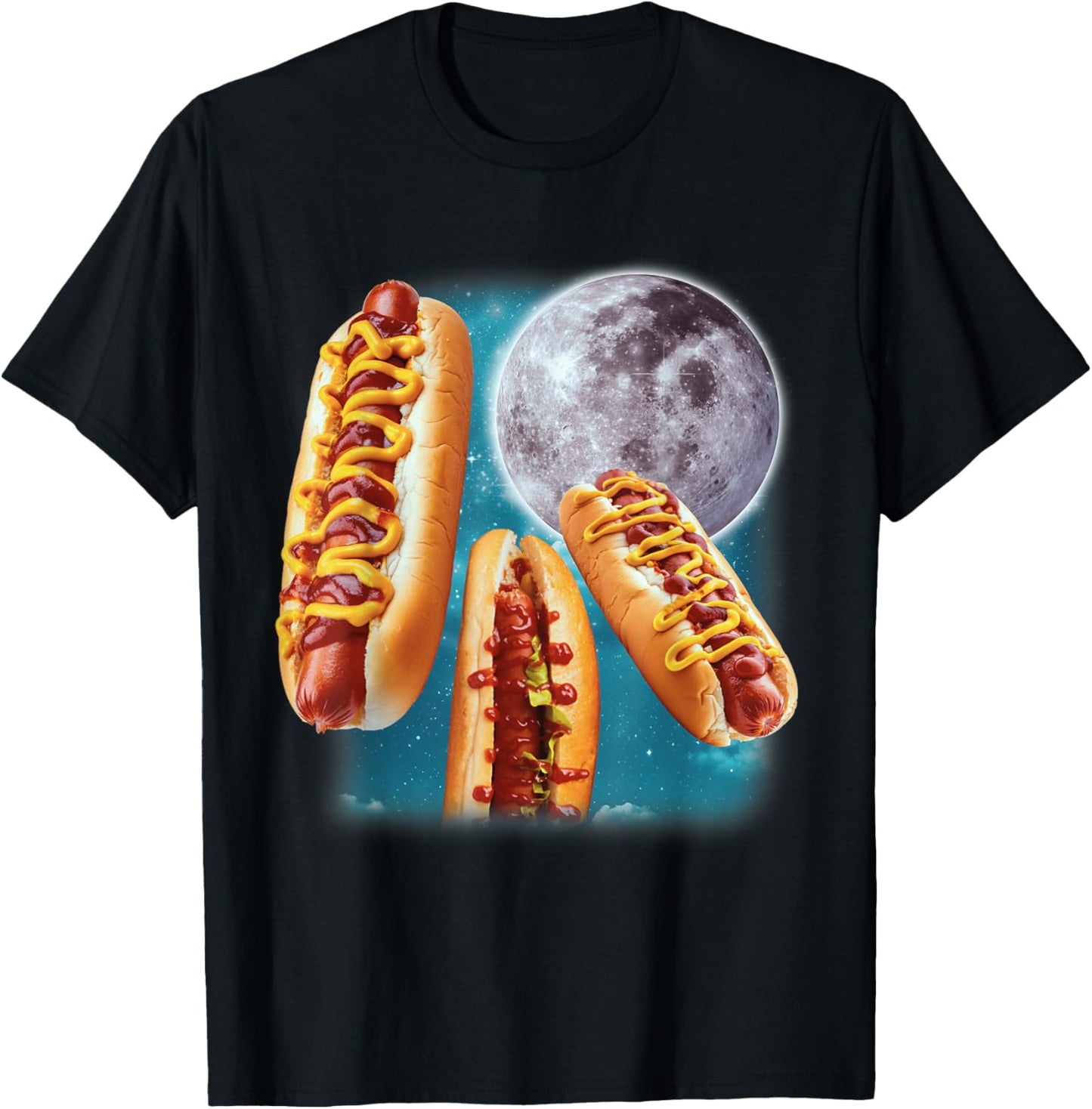 Three Hot Dogs Glizzy Moon Howling Funny Meme T-Shirt - T-Shirt | Black