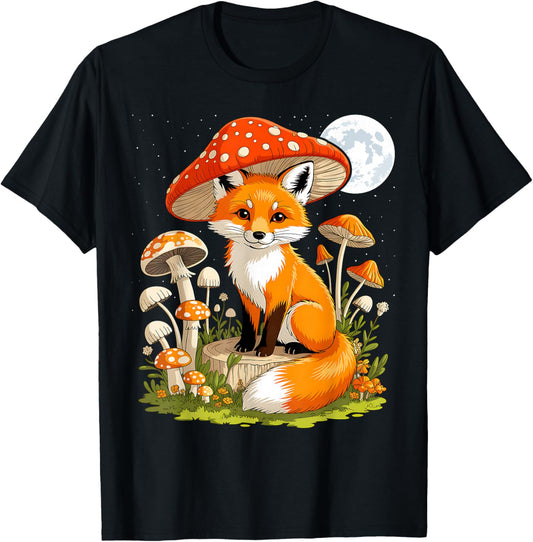 Cottagecore Fox Aesthetic Mushroom Outfit T-Shirt - T-Shirt | Black