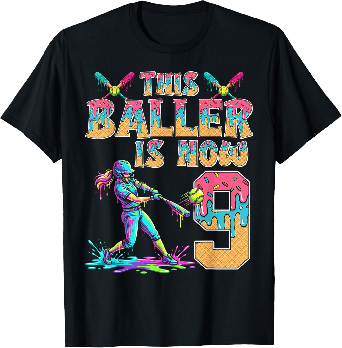 This Baller is Now 9 Years Old Birthday Girl Softball 9th T-Shirt - T-Shirt | Black