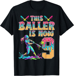 This Baller is Now 9 Years Old Birthday Girl Softball 9th T-Shirt - T-Shirt | Black