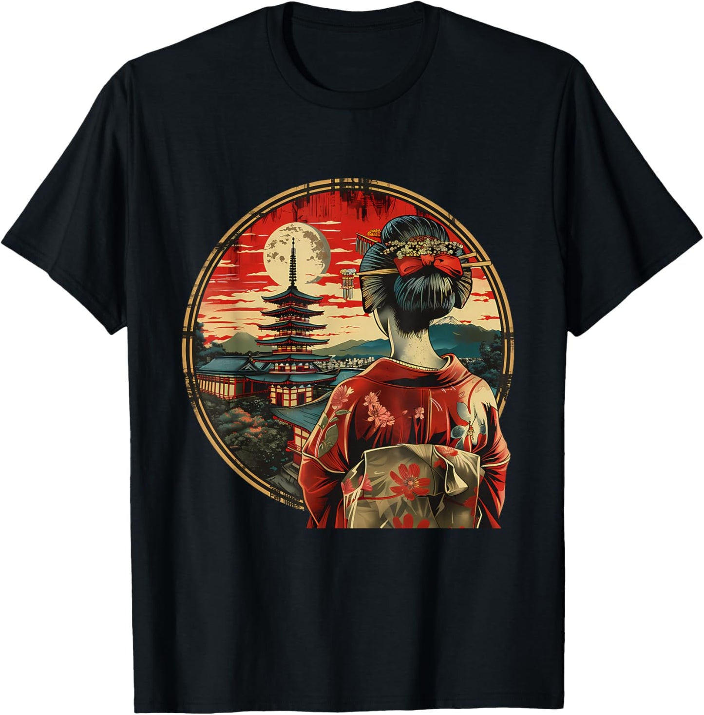 Japanese Geisha Pagoda Geisha Girl Kimono Traditional Art T-Shirt - T-Shirt | Black