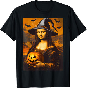 Scary Halloween Horror Mona Lisa Art Spooky Pumpkin Painting T-Shirt - T-Shirt | Black