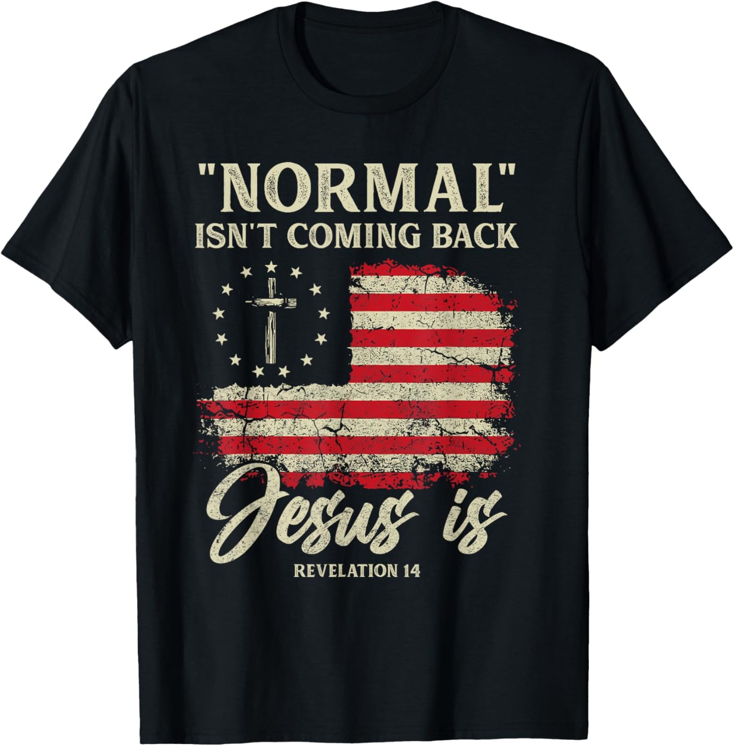 Normal Isn't Coming Back Jesus is Christian American Flag T-Shirt - T-Shirt | Black