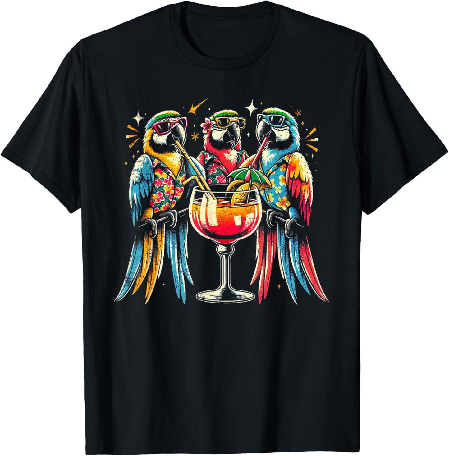 Parrots Drinking Margarita Tropical Birds Vacation Hawaiian T-Shirt - T-Shirt | Black
