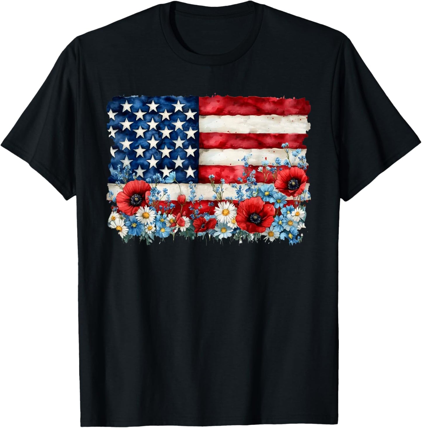 Retro Flower American Flag Women 4th Of July Patriotic T-Shirt - T-Shirt | Black