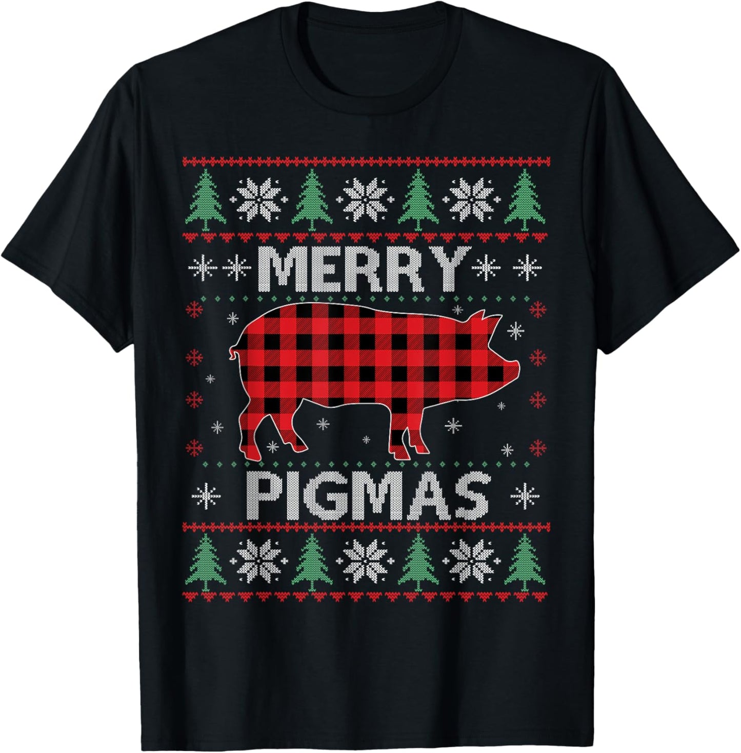 Merry Pigmas Pig Red Plaid Ugly Sweater Xmas Funny T-Shirt - T-Shirt | Black