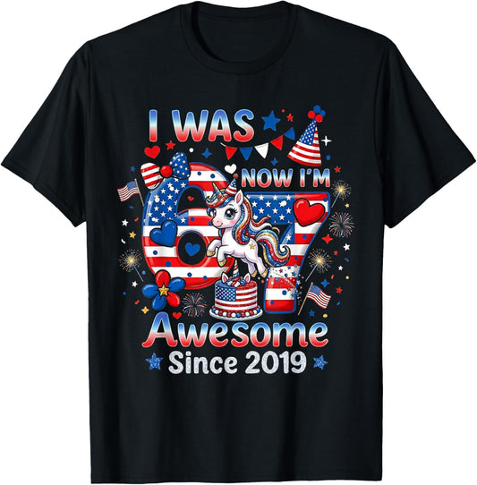 I was 6 Now I’m 7 Birthday US American Flag 4th of July Girl T-Shirt - T-Shirt | Black