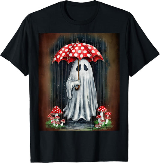 Spooky Cottagecore Ghost - Halloween Mushroom Delight T-Shirt - T-Shirt | Black