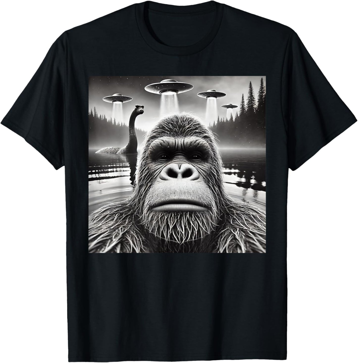 Bigfoot Lock Ness Monster Alien UFO Funny Graphic T-Shirt - T-Shirt | Black