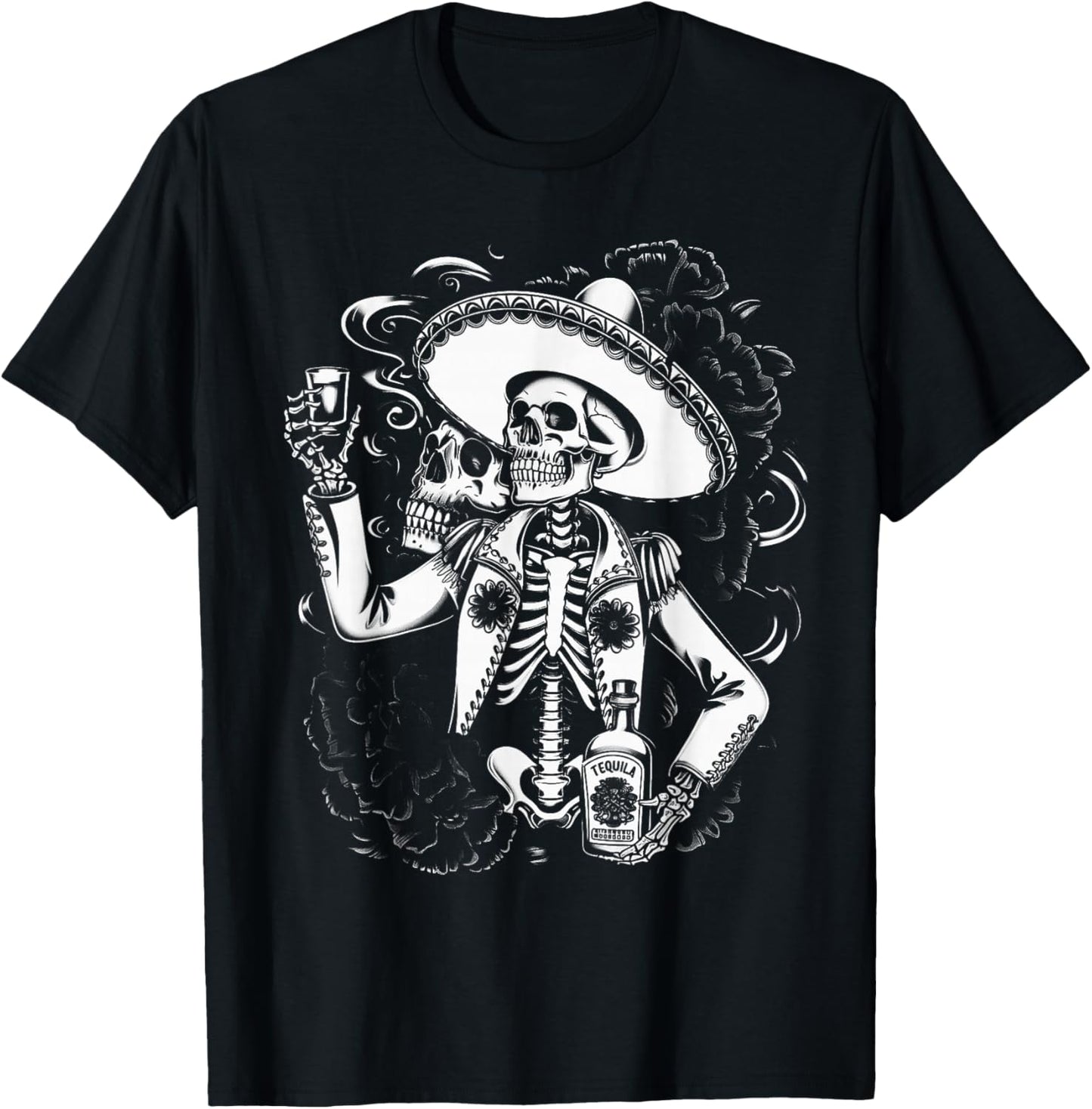 Mexico Vintage Skeleton Tequila Dia De Los Muertos Mexican T-Shirt - T-Shirt | Black