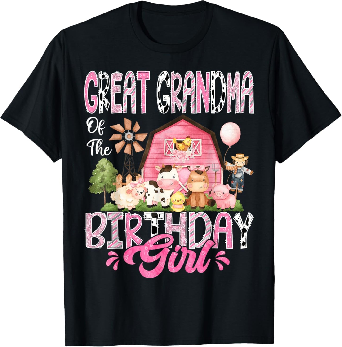 Great Grandma Of The Birthday Girl Pink Farm Cow Birthday T-Shirt - T-Shirt | Black