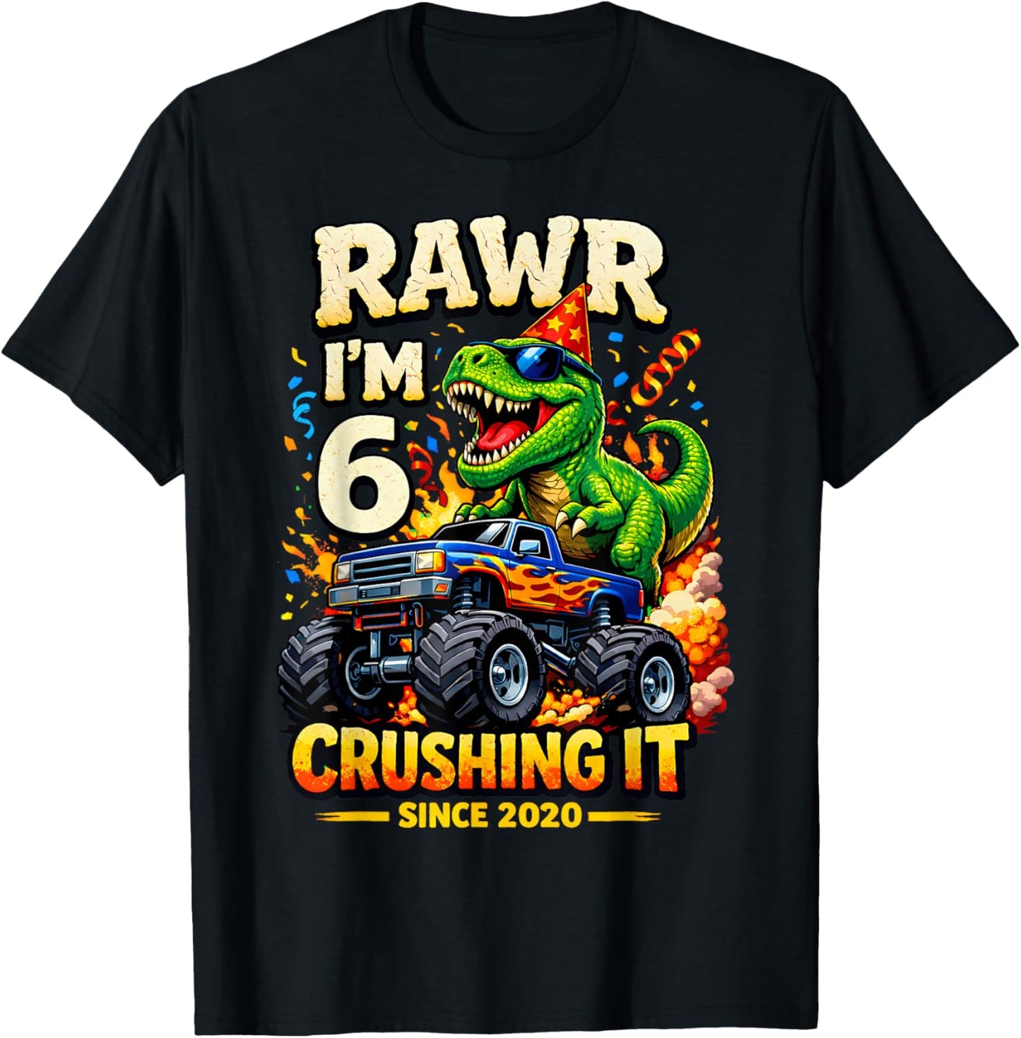 6th Birthday Monster Truck Dinosaur 6 Years Old Birthday Boy T-Shirt - T-Shirt | Black