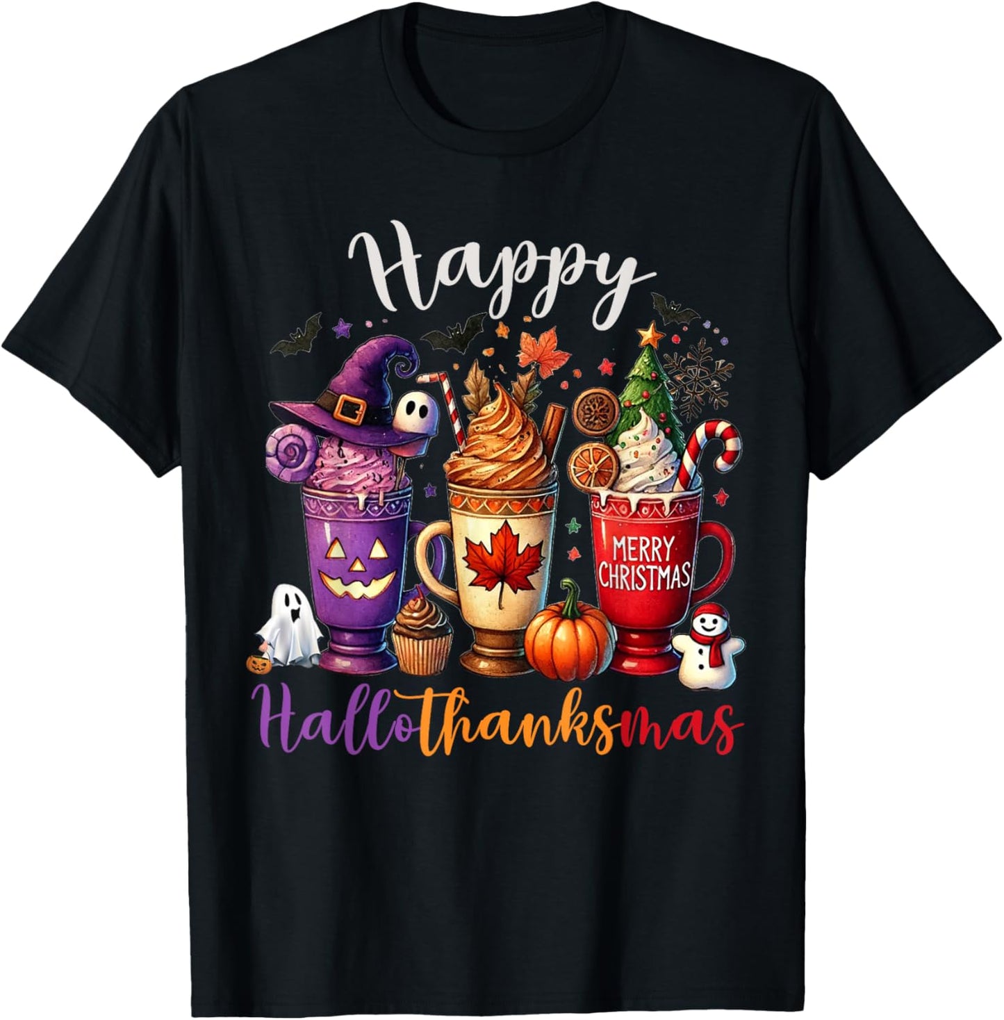 Happy Hallothanksmas Coffee Lover Halloween Merry Christmas T-Shirt - T-Shirt | Black