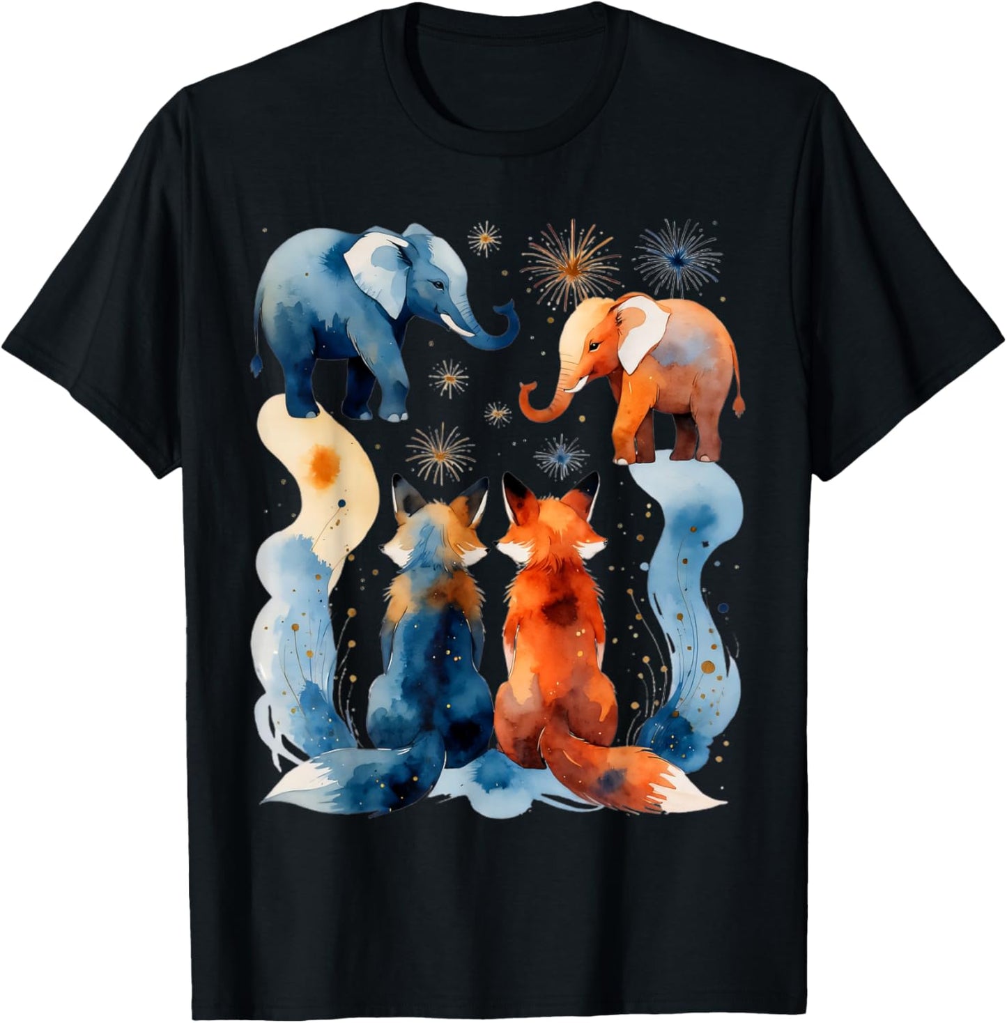 Illustration Animale Abstraite avec éléphants et Renards T-Shirt - T-Shirt | Black