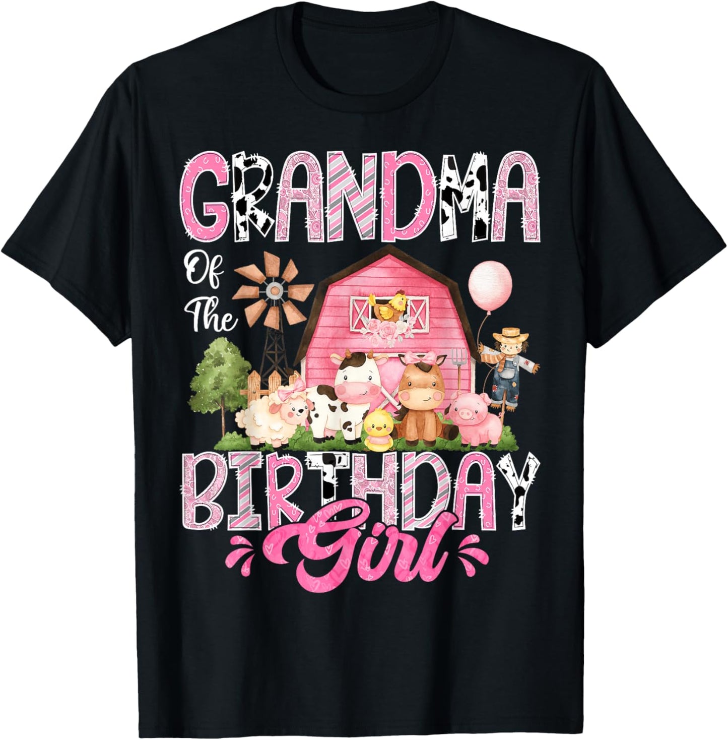 Grandma Of The Birthday Girl Pink Farm Cow First Birthday T-Shirt - T-Shirt | Black