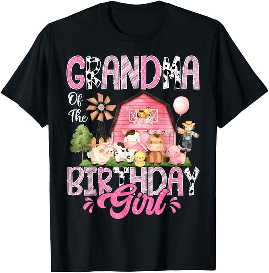 Grandma Of The Birthday Girl Pink Farm Cow First Birthday T-Shirt - T-Shirt | Black