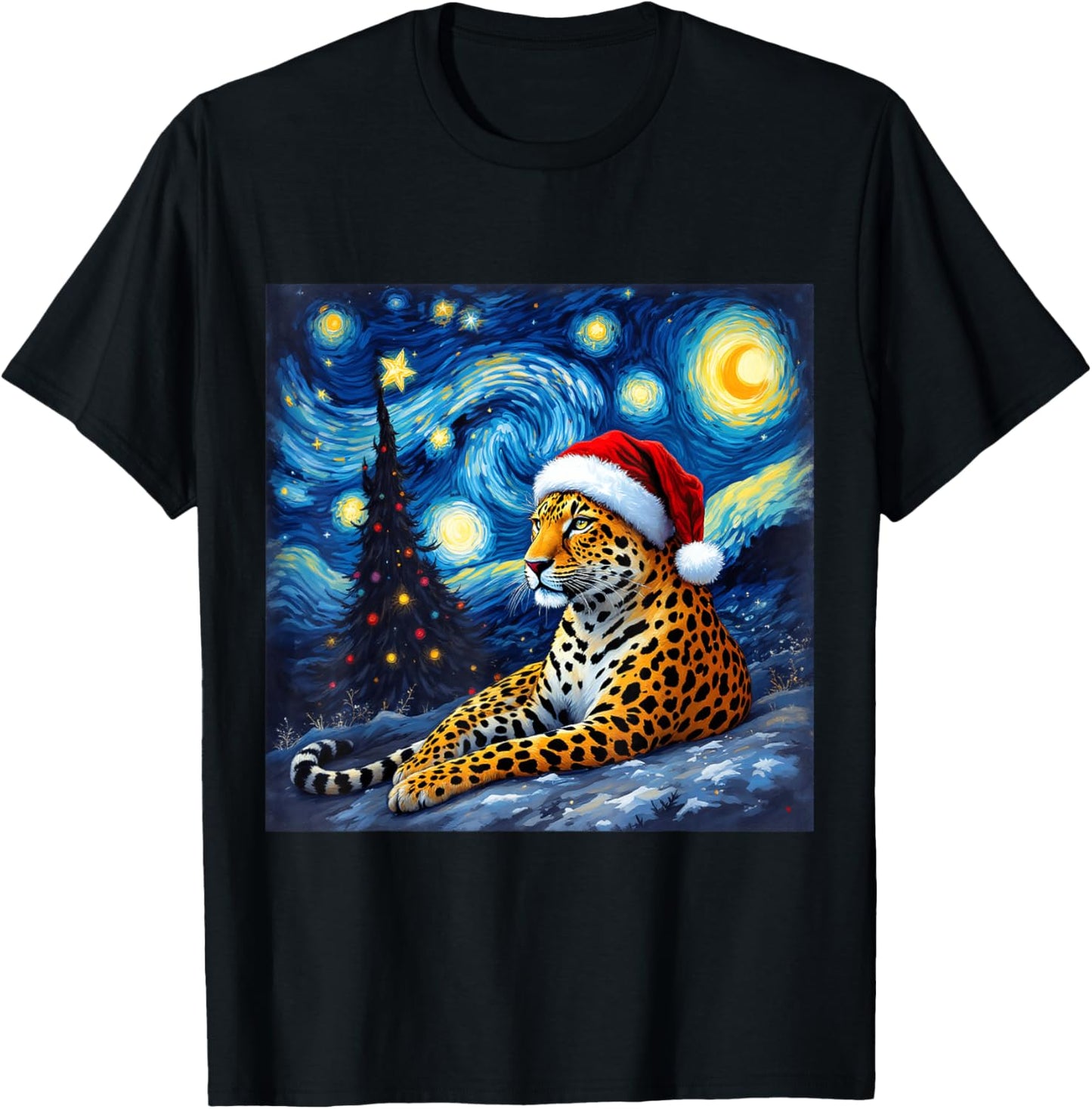 Christmas Leopard Santa Hat Van Gogh Starry Night Holiday T-Shirt - T-Shirt | Black