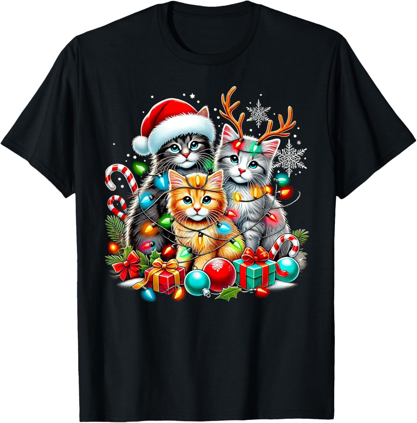 Merry Christmas Baby Cats Presents Snowflake Santa Claus T-Shirt - T-Shirt | Black
