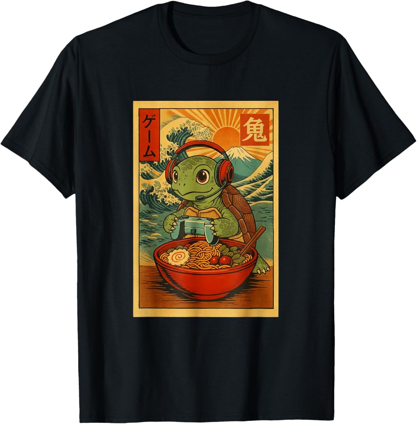 Turtle Gamer Ramen Japanese Ukiyo-e Mount Fuji T-Shirt - T-Shirt | Black
