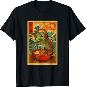 Turtle Gamer Ramen Japanese Ukiyo-e Mount Fuji T-Shirt - T-Shirt | Black