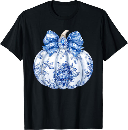 Fall Coquette Chinoiserie Blue Floral Pumpkin Thanksgiving T-Shirt - T-Shirt | Black