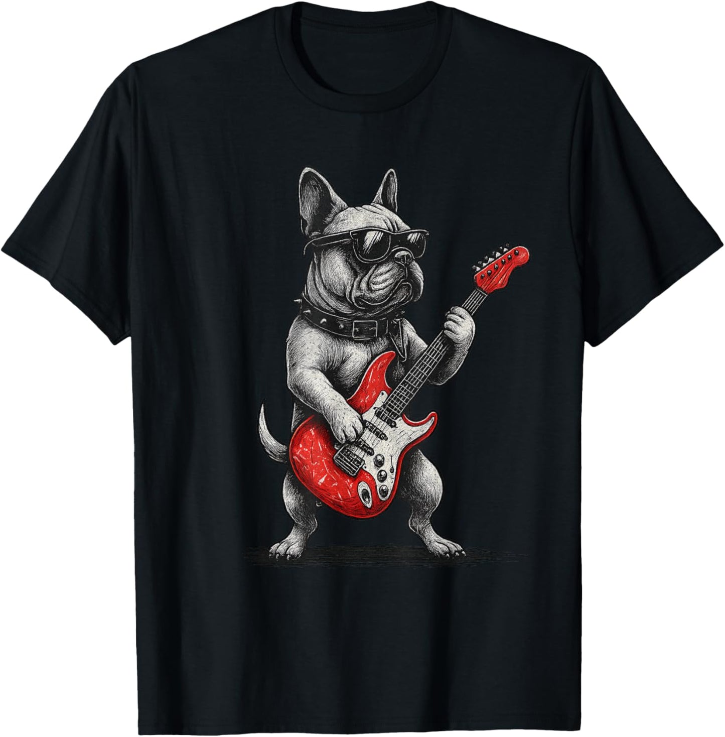 Vintage French Bulldog Punk Music Playing Guitar T-Shirt - T-Shirt | Black