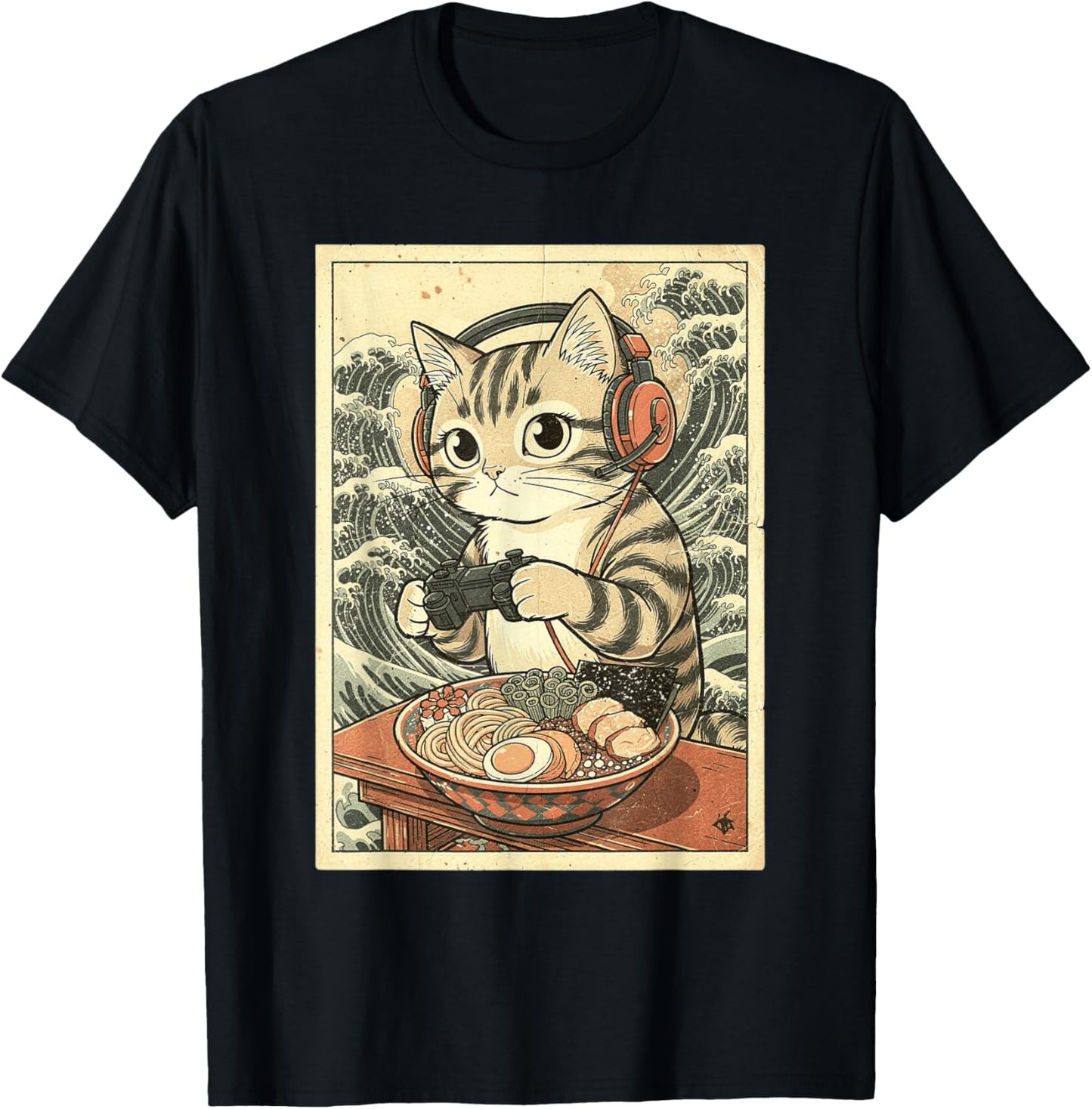 Cute Kawaii Gamer Cat Funny Ramen Retro Japanese Cat Gaming T-Shirt - T-Shirt | Black